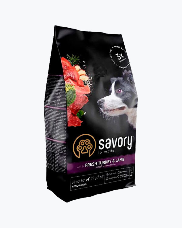 Сухий корм для собак середніх порід Savory зі свіжим м'ясом індички та ягнятка 1 кг.