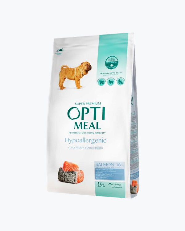 Сухий корм Optimeal для дорослих собак середніх і великих порід, гіпоалергенний, з лососем, 12 кг