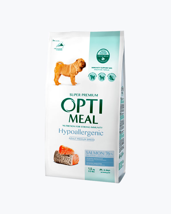 Сухий повнораціонний корм Optimeal гіпоалергенний для дорослих собак середніх порід з лососем 1.5 кг.