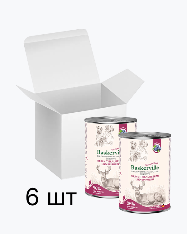 Baskerville Оленина з чорницею та спіруліною повнораціонний вологий корм суперпреміум класу для собак з чутливим травленням та літніх собак, упаковка 6 шт по 400 г