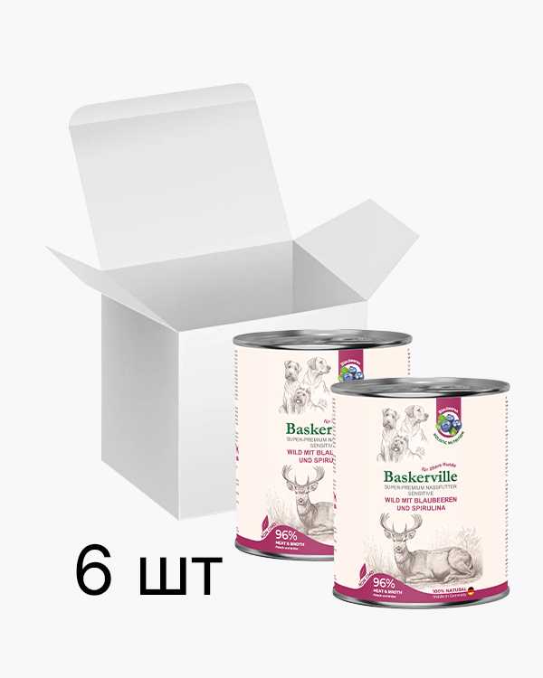 Baskerville Оленина з чорницею та спіруліною повнораціонний вологий корм суперпреміум класу для собак з чутливим травленням та літніх собак, упаковка 6 шт по 800 г