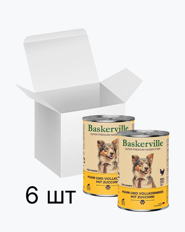 Baskerville Півень з рисом і цукіні повнораціонний вологий корм суперпреміум класу для собак, упаковка 6 шт по 400 г
