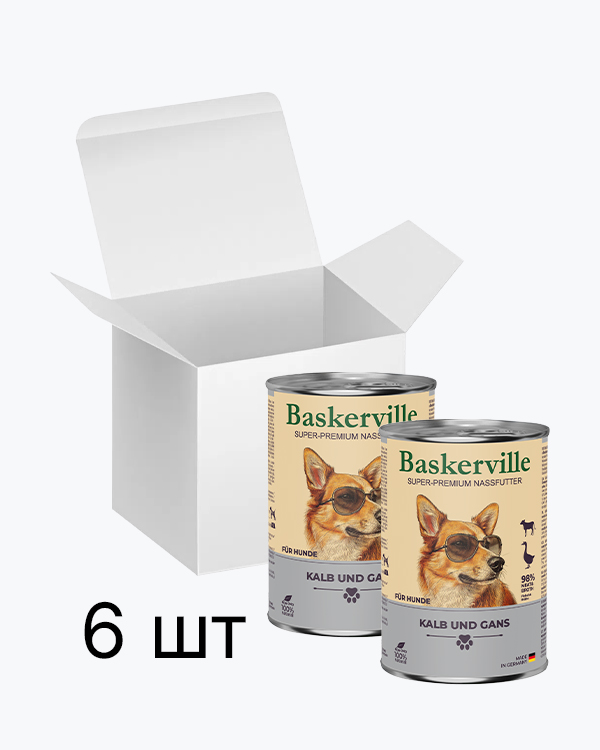Baskerville Телятина та м’ясо гуски повнораціонний вологий корм суперпреміум класу для собак, упаковка 6 шт по 400 г
