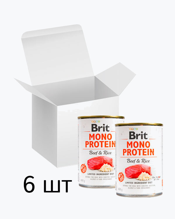 Упаковка вологого корму для собак Brit Mono Protein Dog, з яловичиною та темним рисом, 400 г (6 шт)
