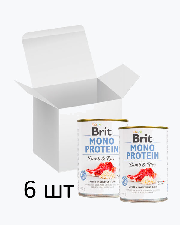 Упаковка вологого корму для собак Brit Mono Protein Dog, з ягнятини та темного рису, 400 г (6 шт)