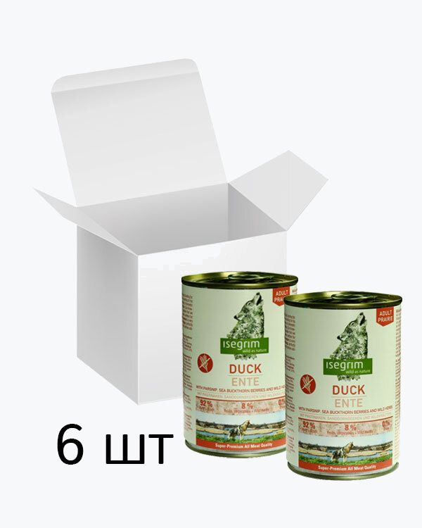 Консервований корм Isegrim Adult Prairie для собак, качка з пастернаком, обліпихою та дикими травами, упаковка 6 шт по 400 г