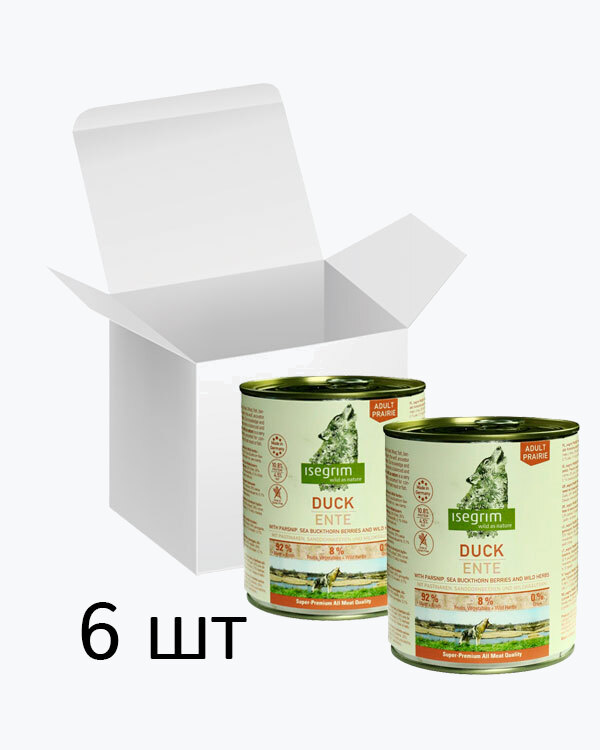 Консервований корм Isegrim Adult Prairie для собак, качка з пастернаком, обліпихою та дикими травами, упаковка 6 шт по 800 г