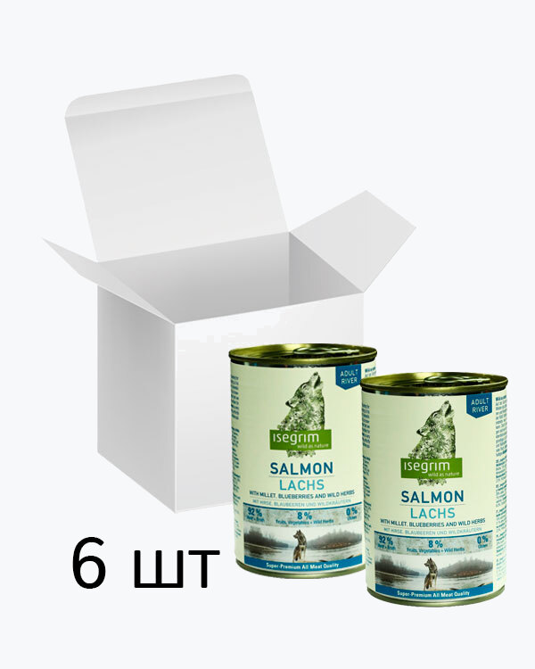 Консервований корм для собак Isegrim Adult River лосось з просом, чорницею та дикими травами, упаковка 6 шт по 400 г