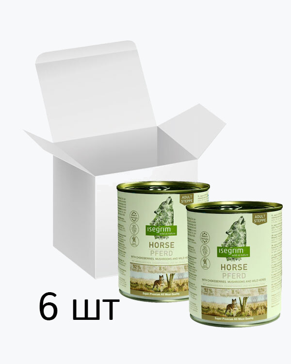 Консервований корм Isegrim Adult Steppe для собак, конина з чорноплідною горобиною, печерицями та дикими травами, упаковка 6 шт по 800 г