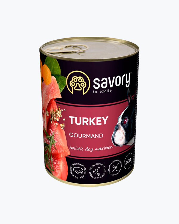 Вологий корм для дорослих собак SAVORY з індичкою, 400 г.