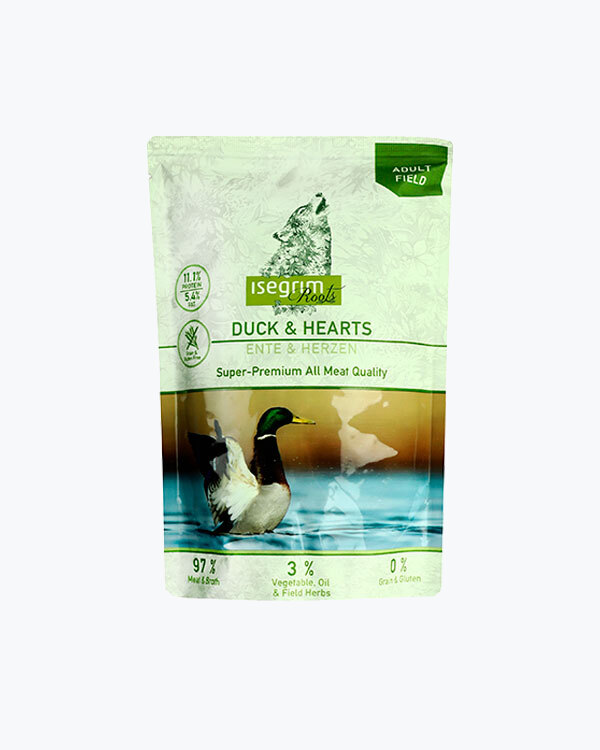 Вологий корм Isegrim Roots для собак, качка з курячими сердечками 410 г