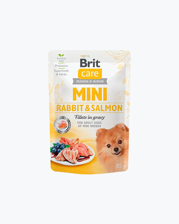 Вологий корм для собак малих порід Brit Care Mini pouch, філе в соусі кролик і лосось, 85 г, пауч