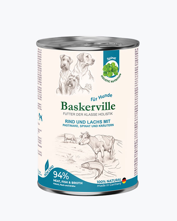 Baskerville Яловичина та лосось з пастернаком, шпинатом та зеленню повнораціонний вологий корм класу холістик для собак, 400 г