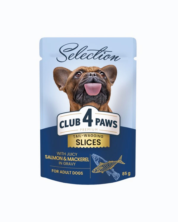 Вологий корм Club 4 Paws Selection для собак, шматочки з лососем і макреллю в соусі, 85 г, пауч