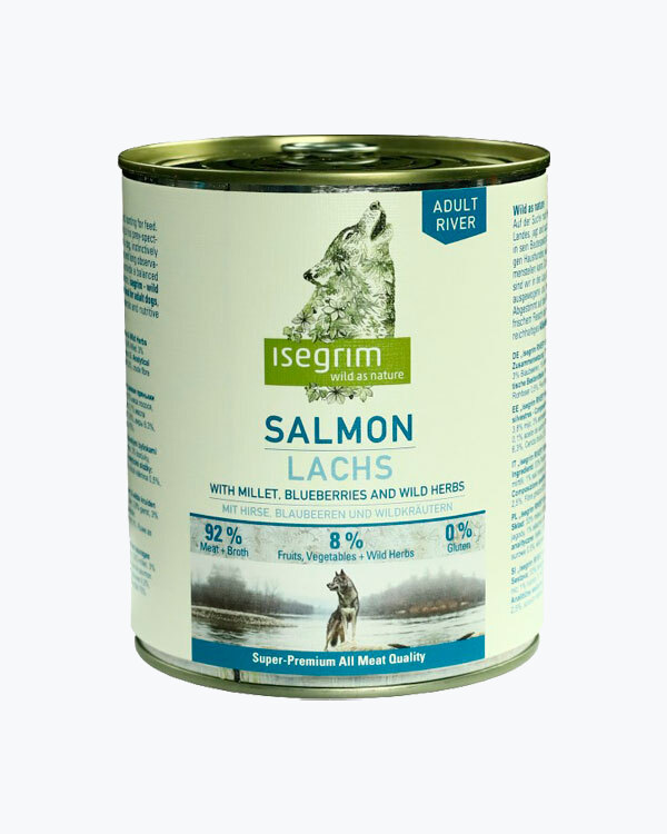 Консервований корм для собак Isegrim Adult River лосось з просом, чорницею та дикими травами, 800 г