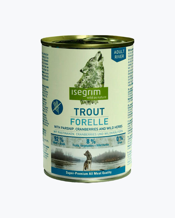 Консервований корм Isegrim Adult River для собак, форель з пастернаком, журавлиною та дикими травами, 400 г