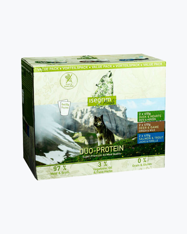 Набір Duo-протеїнових паучів для собак, Isegrim Roots Multipack, 6 шт по 410 г