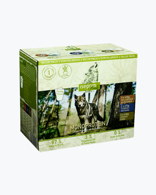 Набір Mono-протеїнових паучів для собак, Isegrim Roots Multipack, 6 шт по 410 г