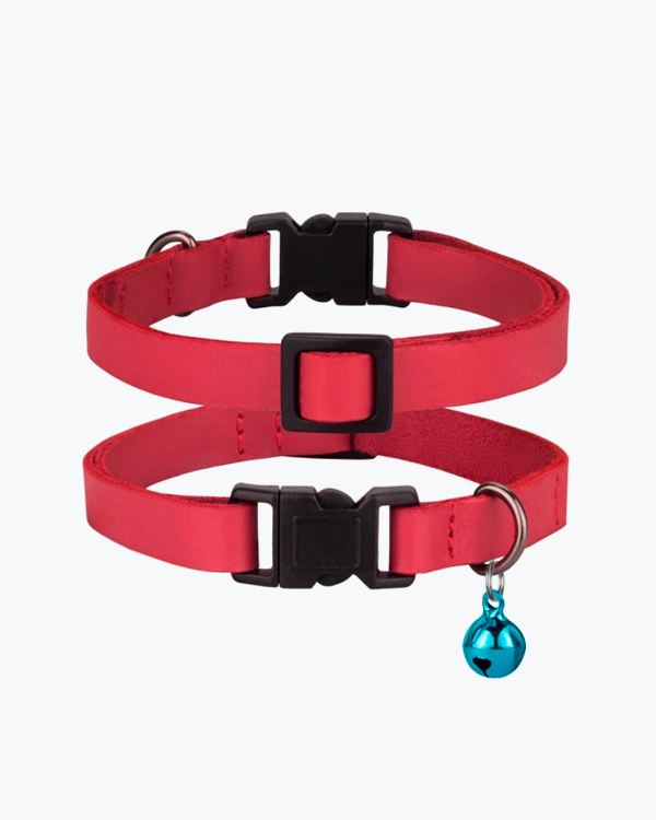 Нашийник для котів BronzeDog Crazy шкіряний плоский, з блакитним дзвіночком, рожевий, XS