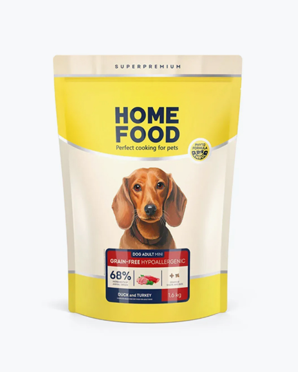 Сухий корм для дорослих собак дрібних порід Home Food беззерновий гіпоалергенний, качка з індичкою, 1.6 кг