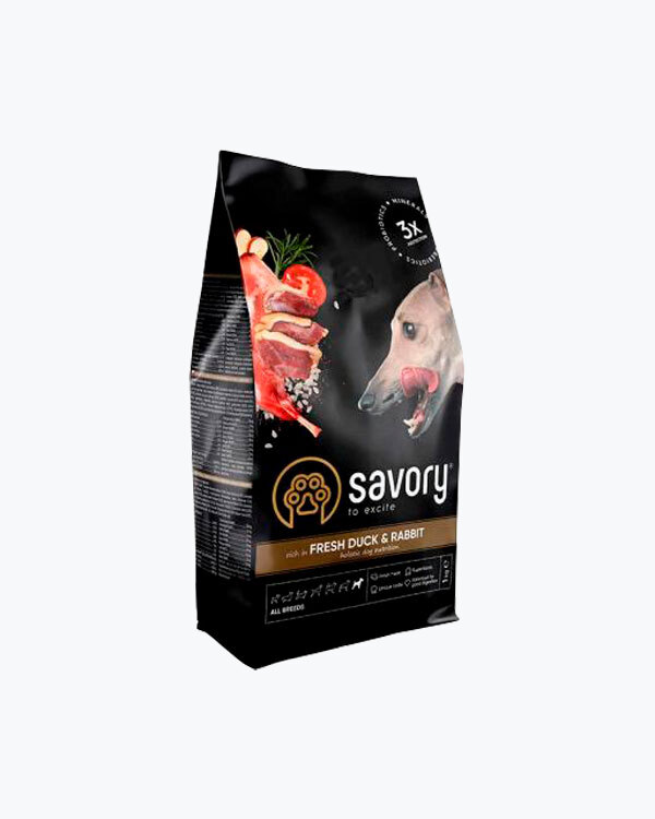 Сухий корм для собак всіх порід Savory зі свіжим м'ясом качки та кролика, 1 кг