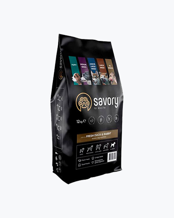 Сухий корм для собак всіх порід Savory зі свіжим м'ясом качки та кролика, 12 кг