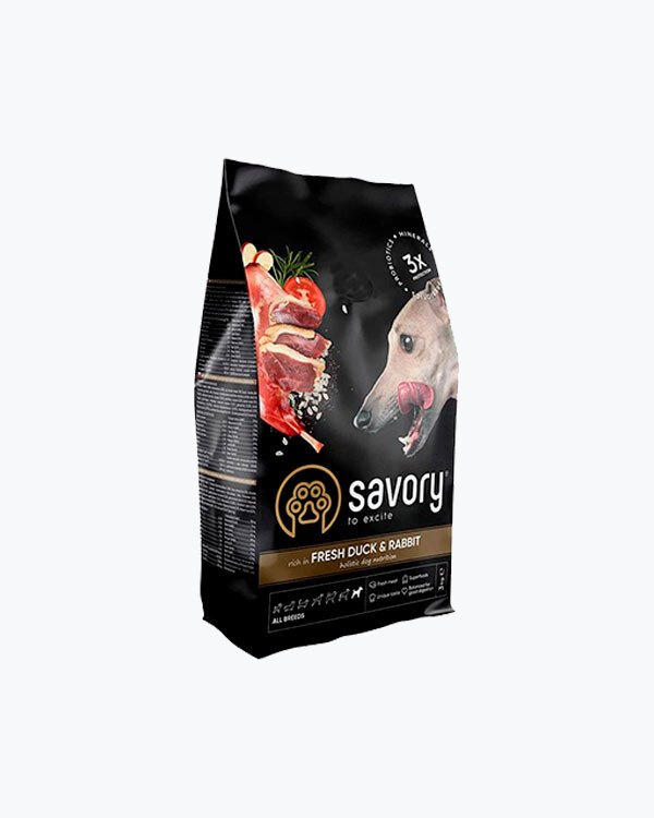 Сухий корм для собак всіх порід Savory зі свіжим м'ясом качки та кролика, 3 кг