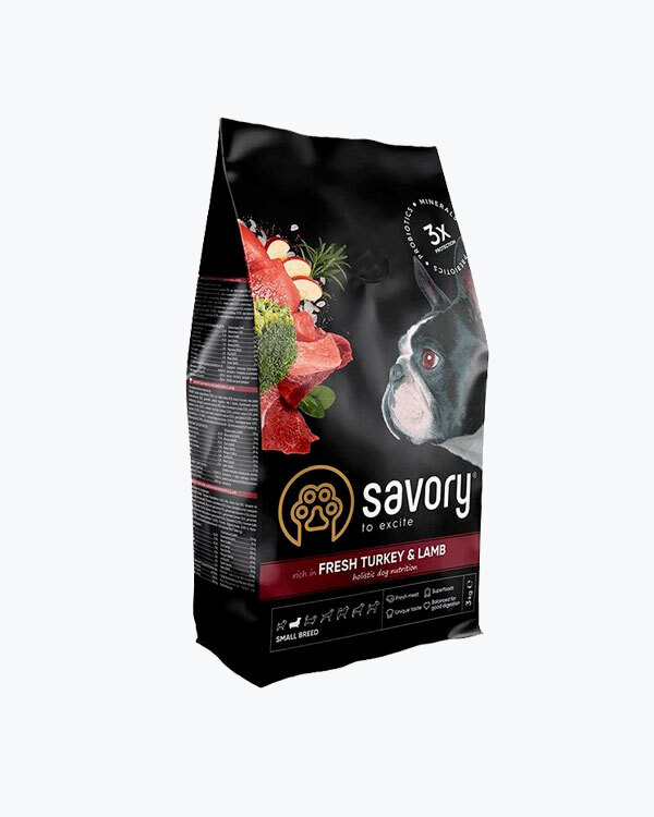 Сухий корм для собак малих порід Savory зі свіжим м'ясом індички та ягнятини 3 кг.