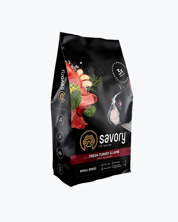 Сухий корм для собак малих порід Savory зі свіжим м'ясом індички та ягнятини, 8 кг