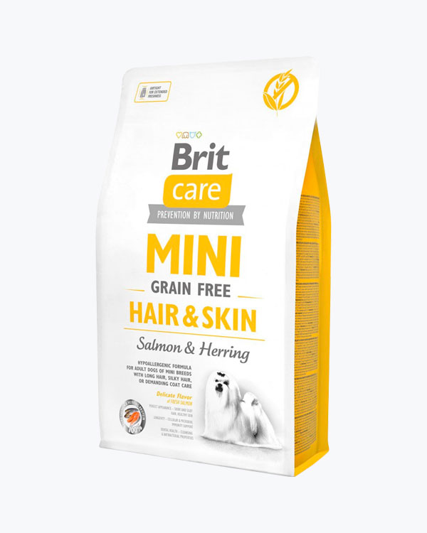 Сухий корм для собак мініатюрних порід, Brit Care GF Mini Hair & Skin, здорова шкіра і шерсть, рецепт з лососем і оселедцем, 2 кг