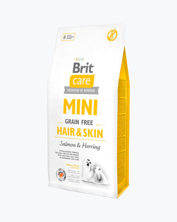 Корм сухий Brit Care Grain Free Mini Hair Skin для собак мніатюрних порід для шкіри та шерсті з лососем та оселедцем, 7 кг